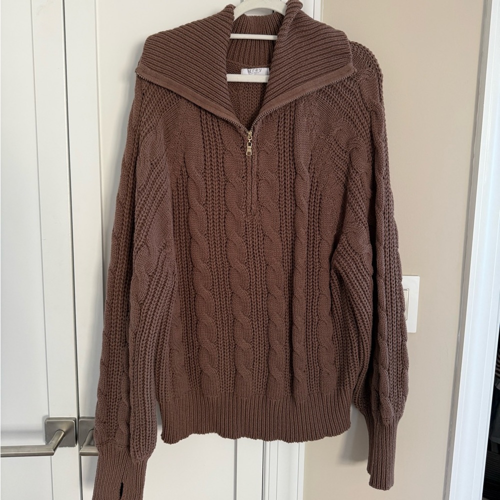 grey bandit brown cable knit quarter zip sweater